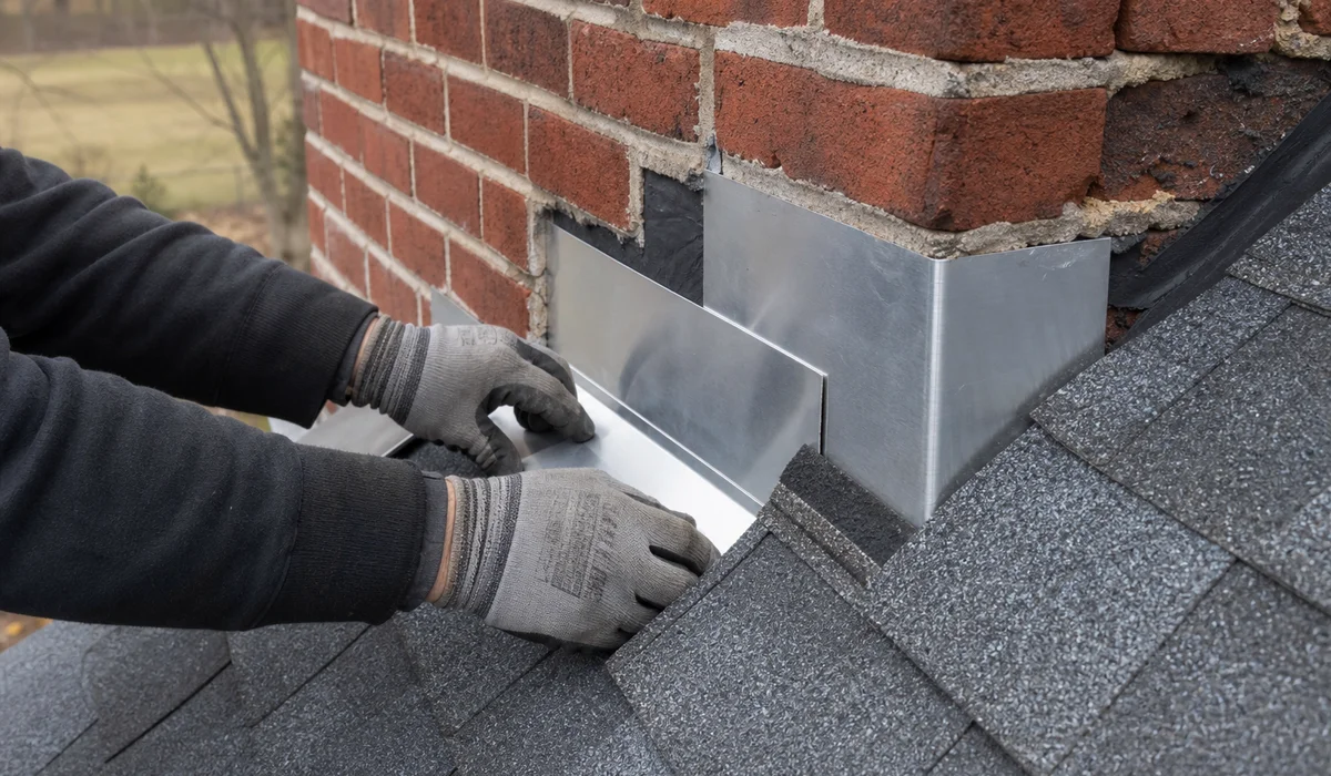 Step flashing repair at a chimney base in Hartford