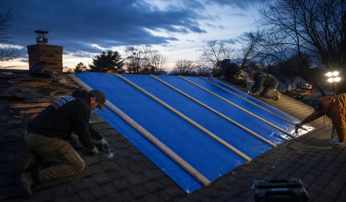 Emergency tarp being installed on a storm-damaged Hartford CT roof