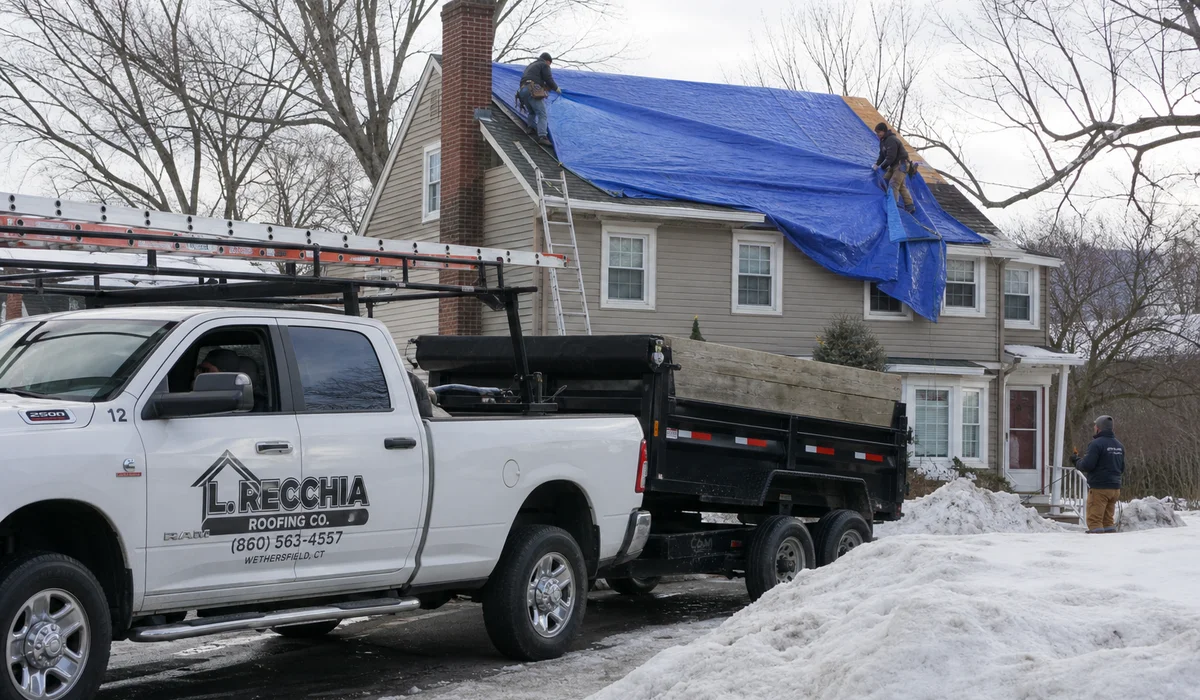 Emergency response and tarping on a storm-damaged Connecticut home