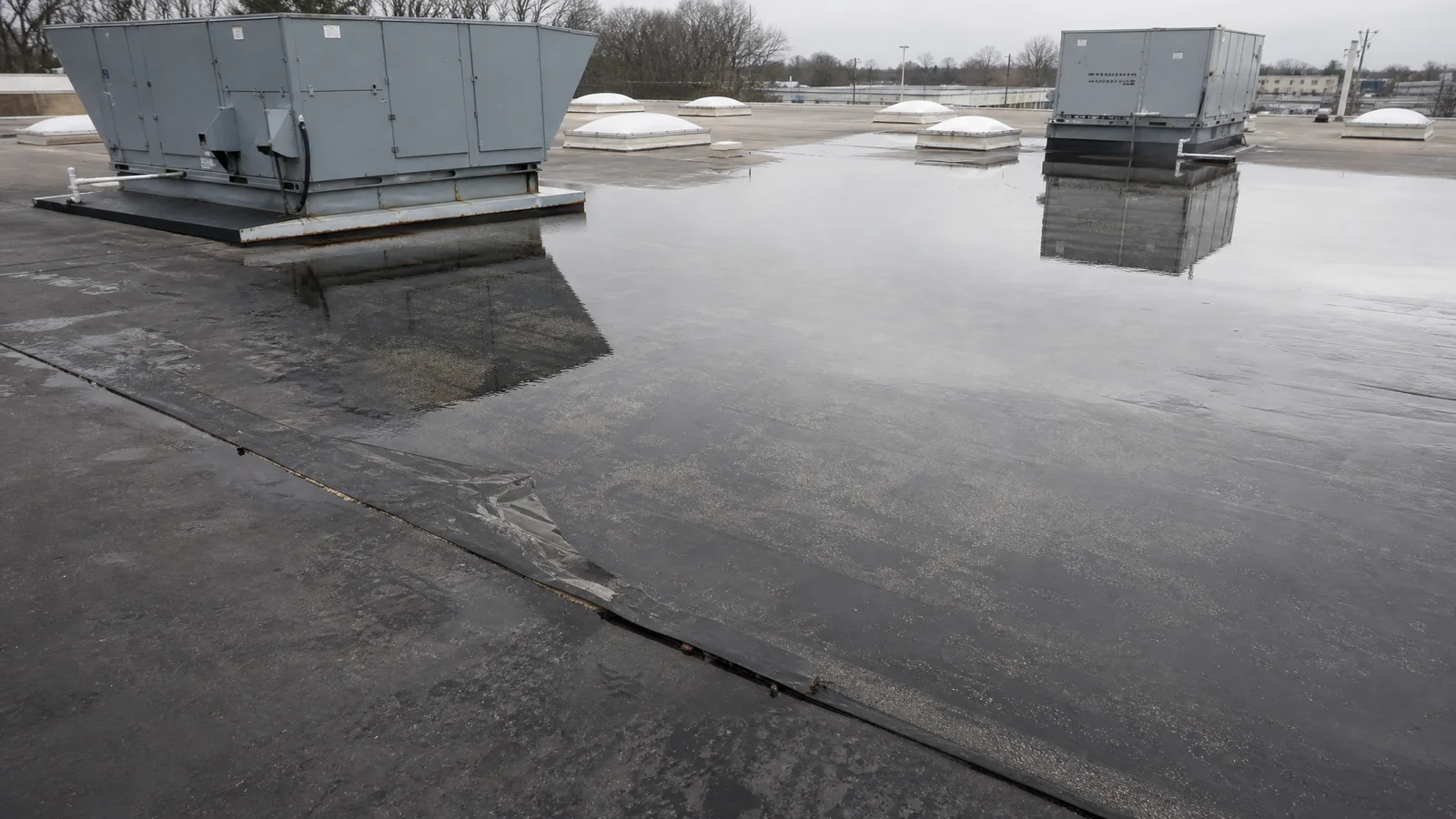 Flat commercial roof with ponding and worn seam