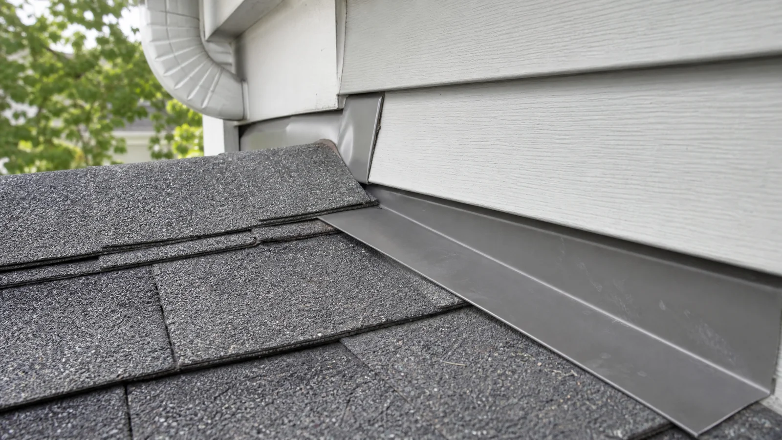 Metal flashing at a roof-to-wall junction