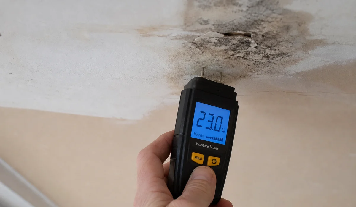 Moisture meter reading on damp ceiling near a roof leak