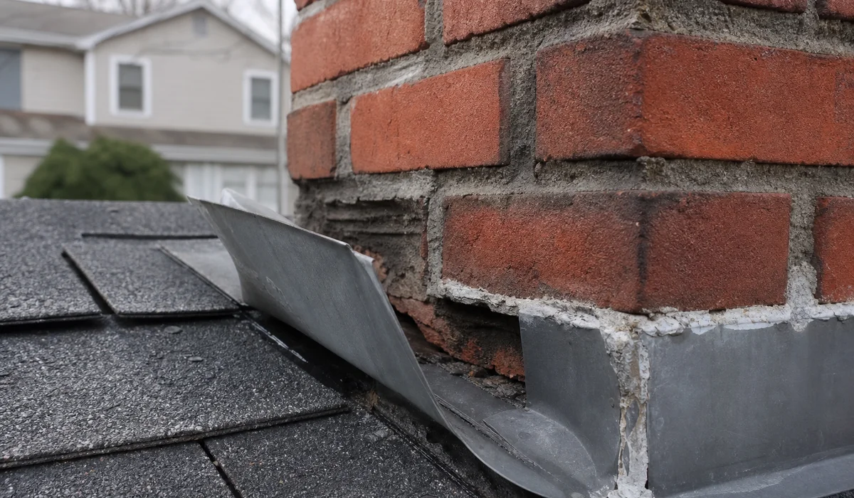 Failed rusted step flashing at a chimney