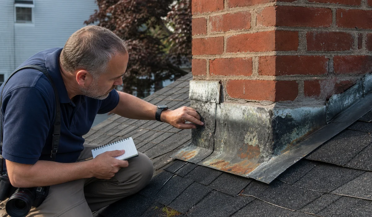Professional roof inspection at chimney flashing in Hartford