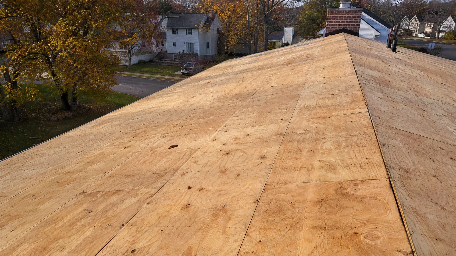 Roof stripped to bare decking during tear-off