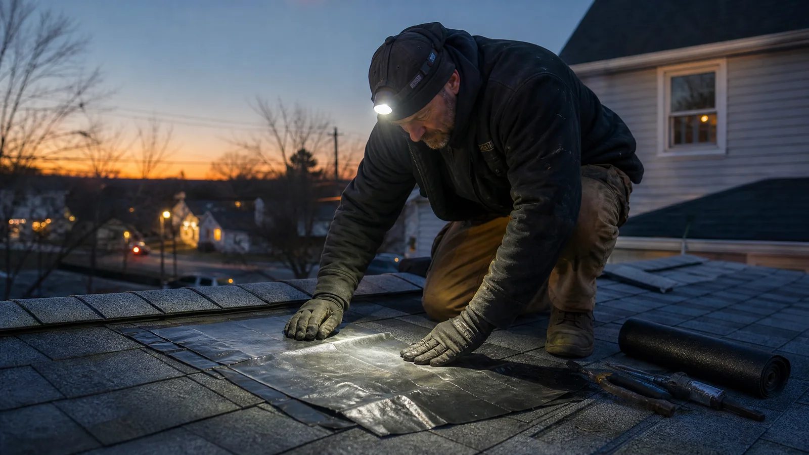 Roofer applying a temporary patch at dusk