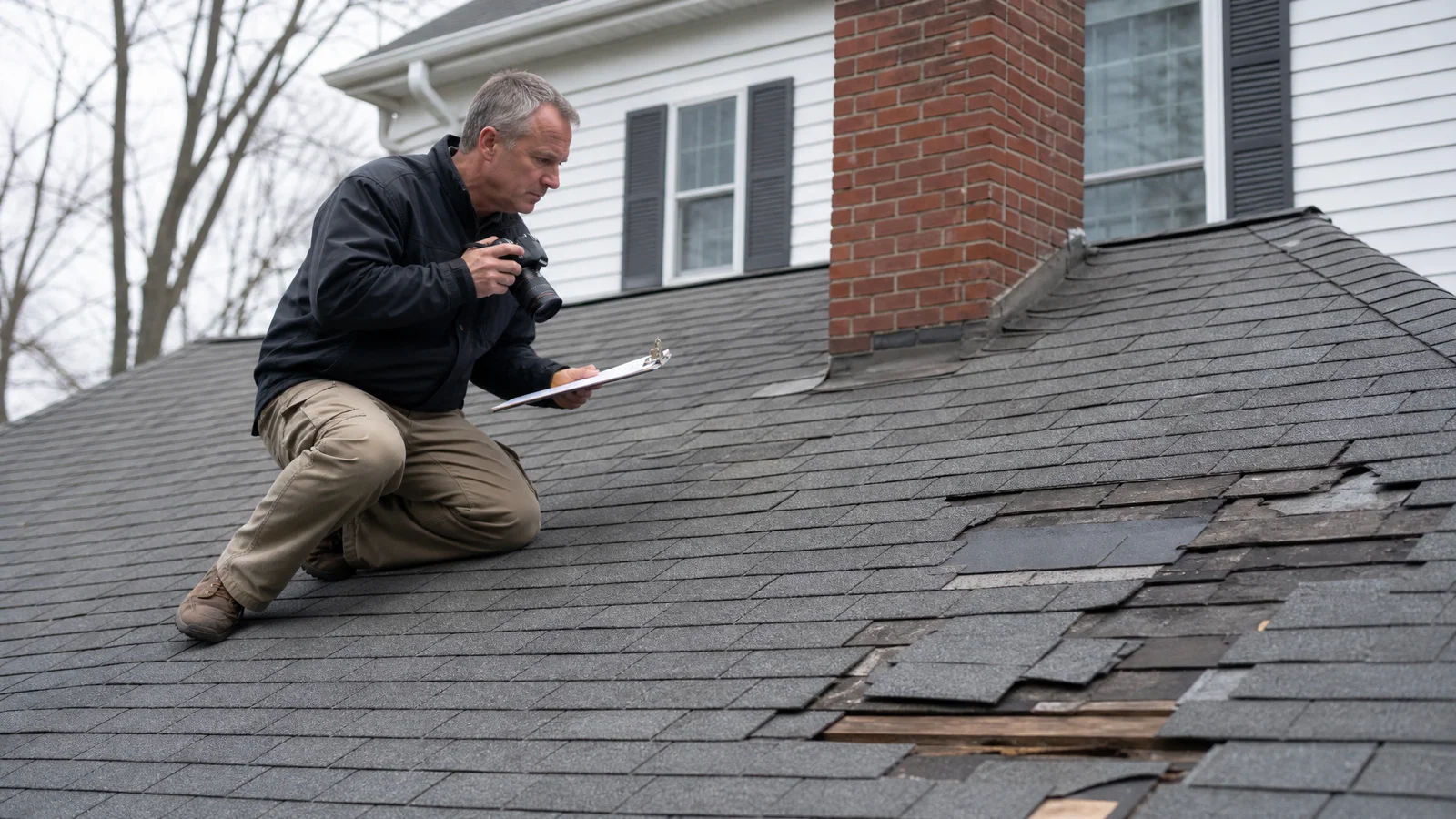 Roofer documenting storm damage on a roof