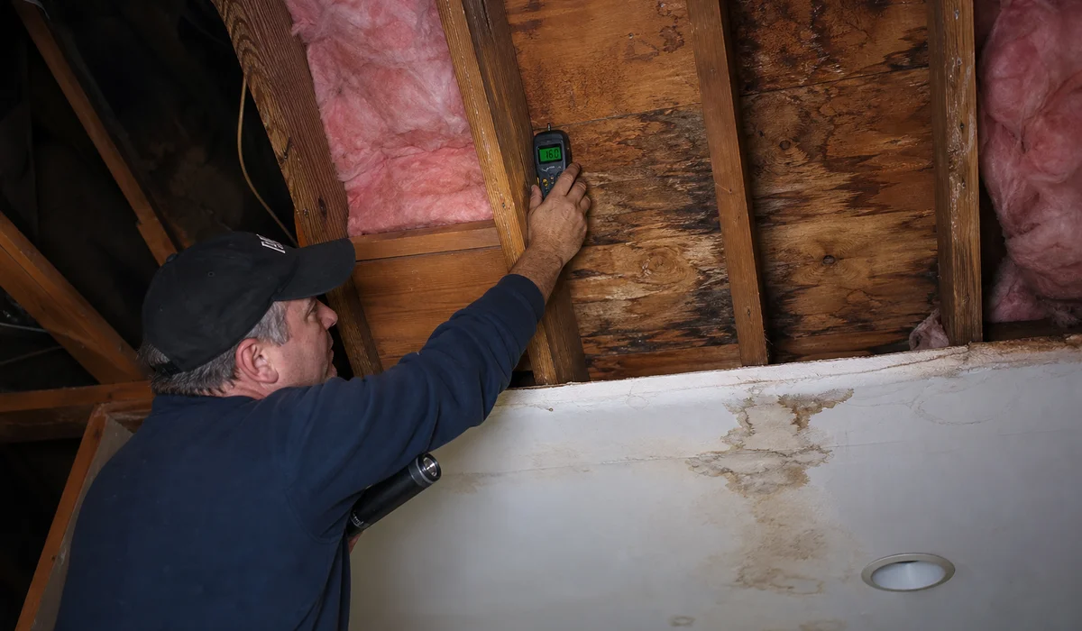 Attic inspection above a stained ceiling in a CT home