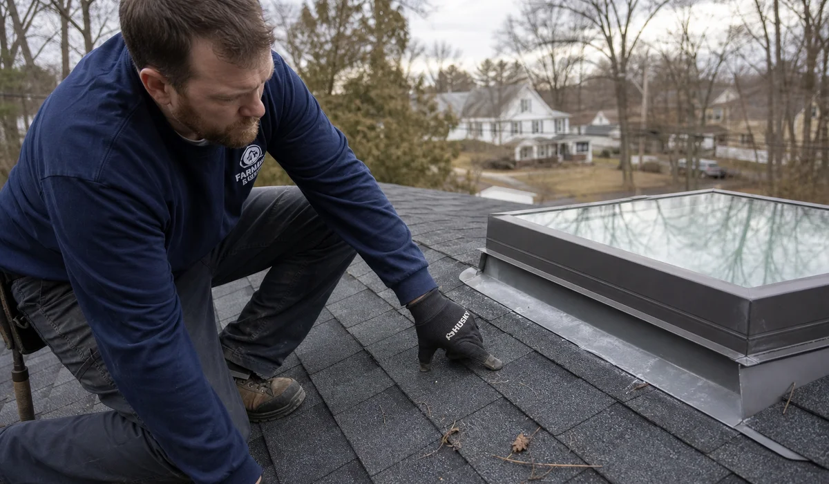 Skylight flashing inspection on a Hartford CT roof