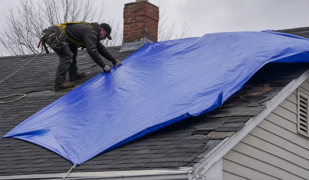 Emergency roof tarping in progress after storm damage in Hartford CT