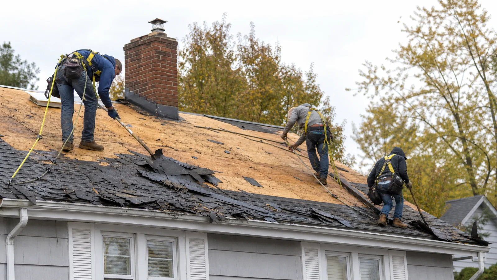 Roofing crew mid tear-off on a Hartford home