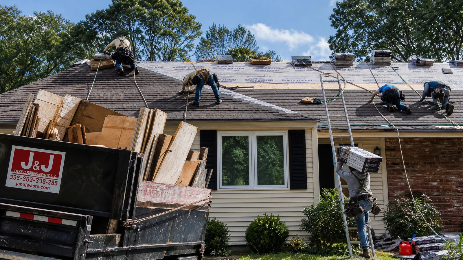 Roofing crew working across a Hartford roof on a sunny day