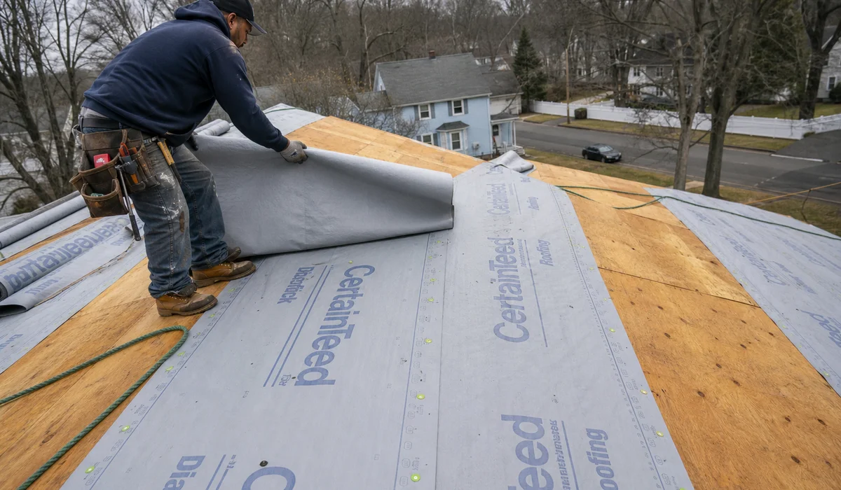 Rolling underlayment during a Hartford roof replacement