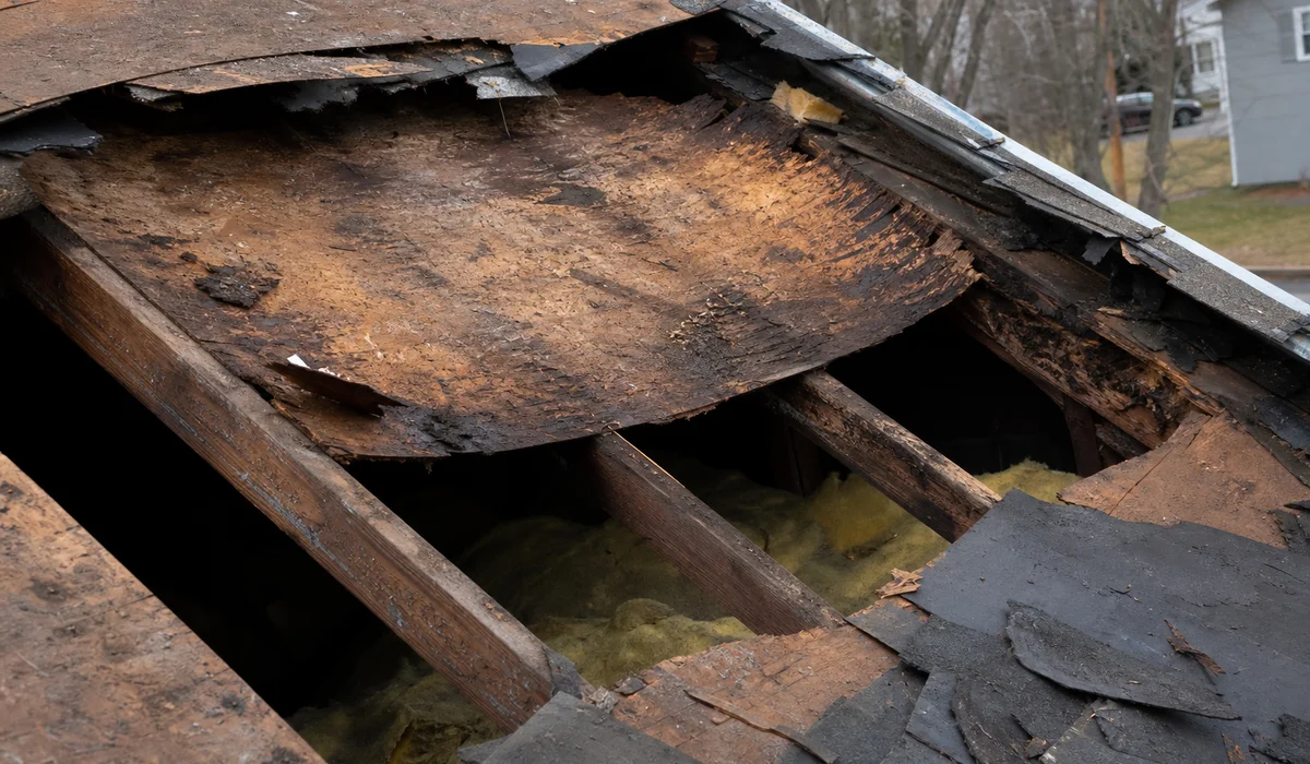 Rotted decking exposed during a Hartford County tear-off