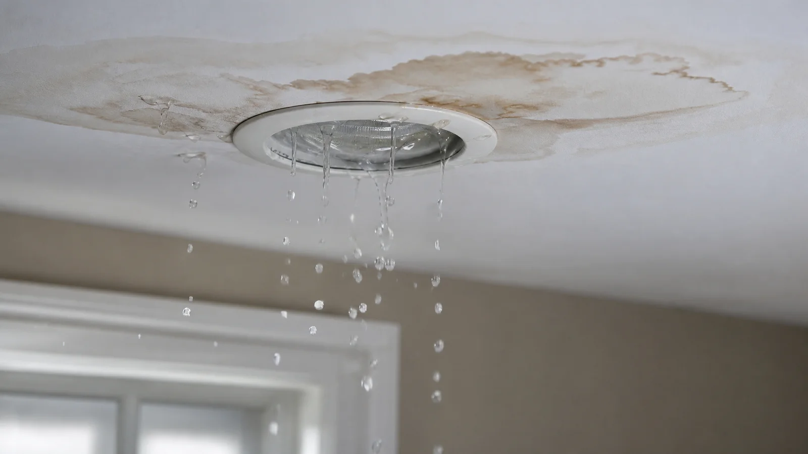 Water pouring through a ceiling light fixture — emergency
